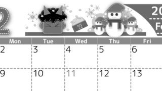 2026年2月横型モノクロの日曜始まり イラストのかわいいA4無料白黒カレンダー(2026-00490200)