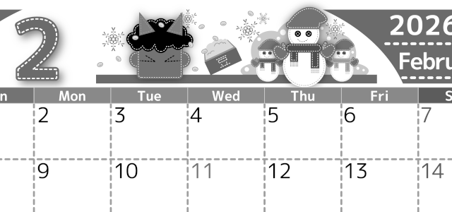 2026年2月横型モノクロの日曜始まり イラストのかわいいA4無料白黒カレンダー(2026-00490200)