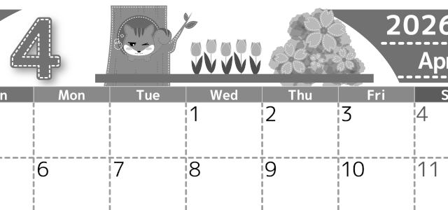 2026年4月横型モノクロの日曜始まり リスのイラストがかわいいA4無料白黒カレンダー(2026-00490400)