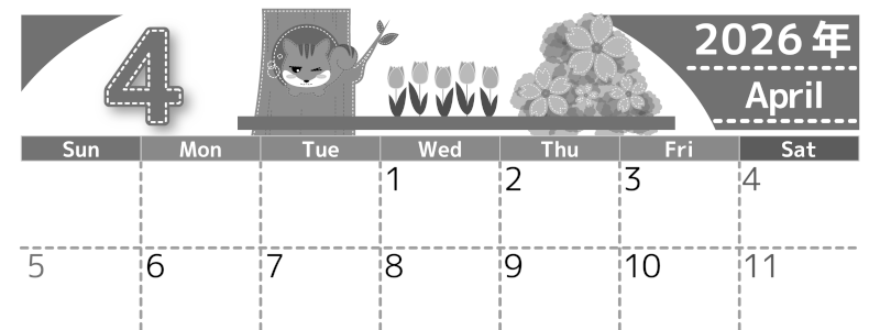 2026年4月横型モノクロの日曜始まり リスのイラストがかわいいA4無料白黒カレンダー(2026-00490400)
