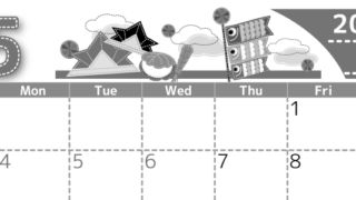 2026年5月横型モノクロの日曜始まり  鯉のぼりイラストのかわいいA4無料白黒カレンダー(2026-00490500)
