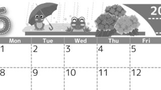 2026年6月横型モノクロの日曜始まり アマガエルイラストのかわいいA4無料白黒カレンダー(2026-00490600)