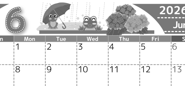2026年6月横型モノクロの日曜始まり アマガエルイラストのかわいいA4無料白黒カレンダー(2026-00490600)