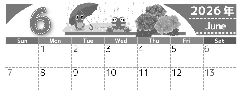 2026年6月横型モノクロの日曜始まり アマガエルイラストのかわいいA4無料白黒カレンダー(2026-00490600)