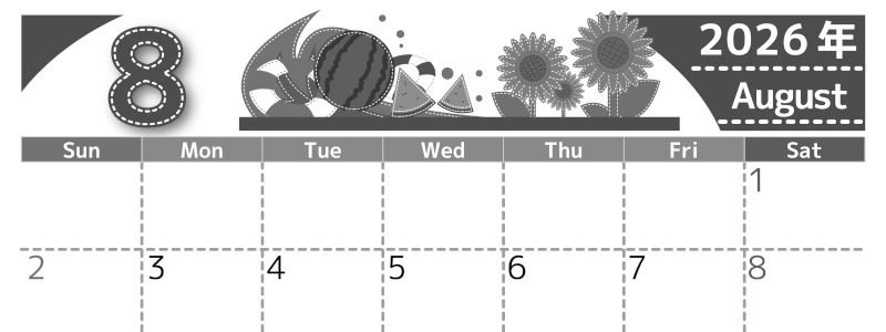 2026年8月横型モノクロの日曜始まり 夏休みイラストのかわいいA4無料白黒カレンダー(2026-00490800)