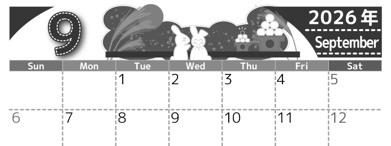 2026年9月横型モノクロの日曜始まり 白うさぎイラストのかわいいA4無料白黒カレンダー(2026-00490900)