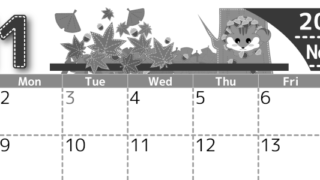 2026年11月横型モノクロの日曜始まり 紅葉イラストのかわいいA4無料白黒カレンダー(2026-00491100)