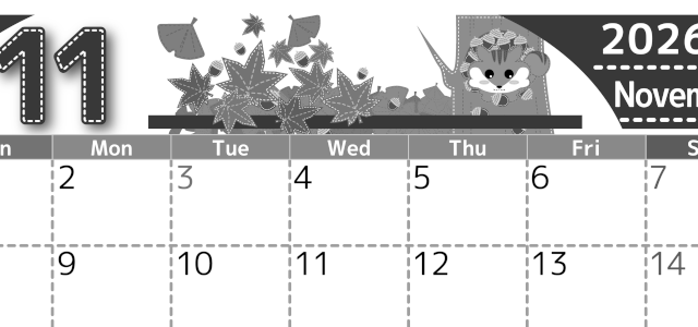 2026年11月横型モノクロの日曜始まり 紅葉イラストのかわいいA4無料白黒カレンダー(2026-00491100)