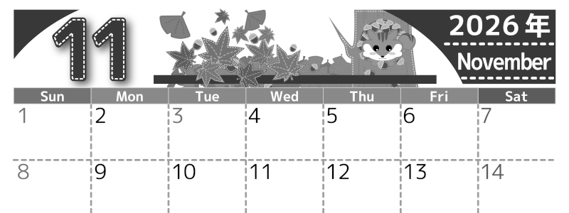 2026年11月横型モノクロの日曜始まり 紅葉イラストのかわいいA4無料白黒カレンダー(2026-00491100)