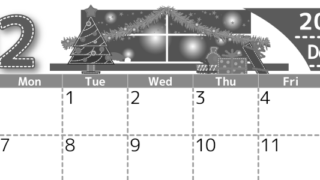 2026年12月横型モノクロの日曜始まり クリスマスの夜イラストのかわいいA4無料白黒カレンダー(2026-00491200)