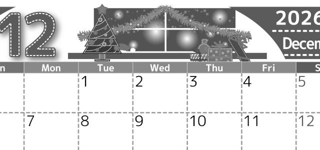 2026年12月横型モノクロの日曜始まり クリスマスの夜イラストのかわいいA4無料白黒カレンダー(2026-00491200)