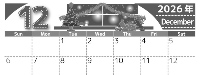 2026年12月横型モノクロの日曜始まり クリスマスの夜イラストのかわいいA4無料白黒カレンダー(2026-00491200)