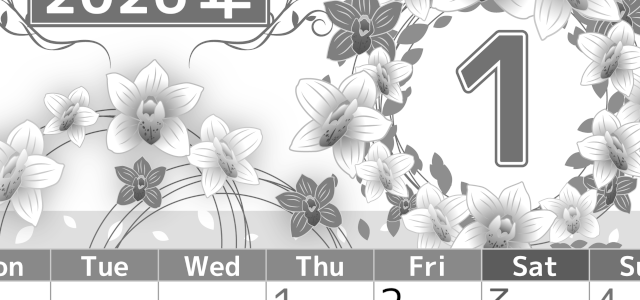 2026年1月縦型モノクロの月曜始まり イラストのおしゃれA4無料白黒カレンダー(2026-00500111)