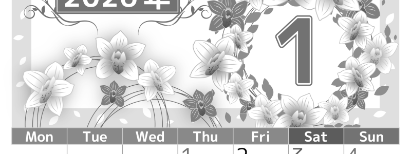 2026年1月縦型モノクロの月曜始まり イラストのおしゃれA4無料白黒カレンダー(2026-00500111)