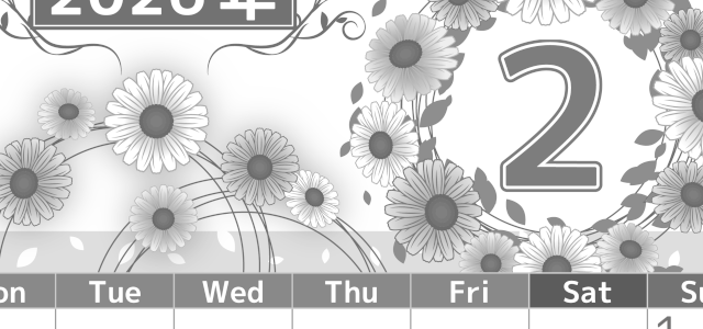 2026年2月縦型モノクロの月曜始まり イラストのおしゃれA4無料白黒カレンダー(2026-00500211)