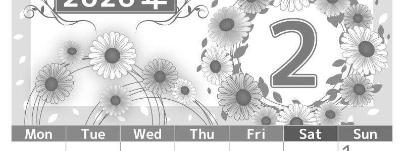 2026年2月縦型モノクロの月曜始まり イラストのおしゃれA4無料白黒カレンダー(2026-00500211)