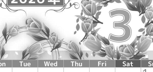 2026年3月縦型モノクロの月曜始まり イラストのおしゃれA4無料白黒カレンダー(2026-00500311)