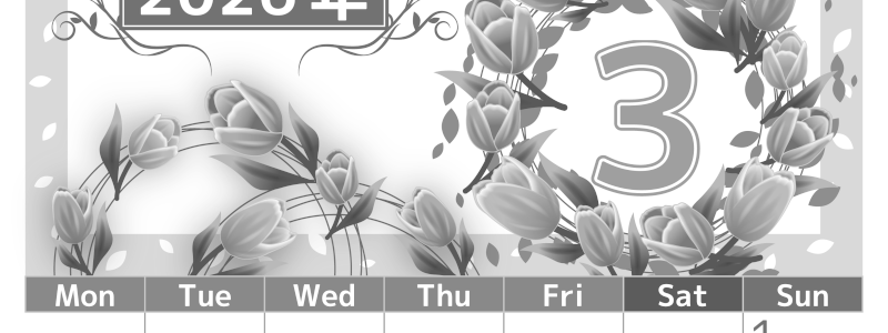 2026年3月縦型モノクロの月曜始まり イラストのおしゃれA4無料白黒カレンダー(2026-00500311)