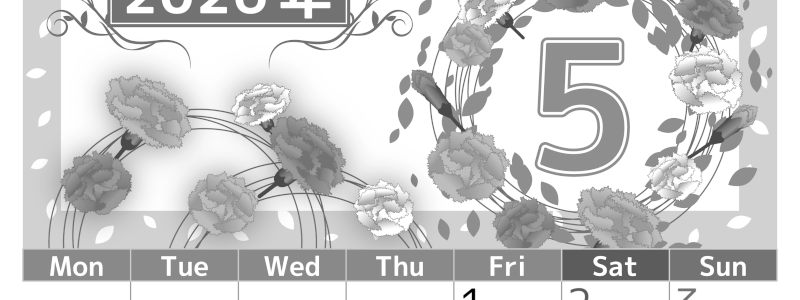 2026年5月縦型モノクロの月曜始まり カーネーションイラストのおしゃれA4無料白黒カレンダー(2026-00500511)