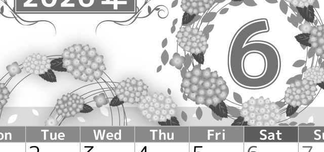 2026年6月縦型モノクロの月曜始まり 紫陽花イラストのおしゃれA4無料白黒カレンダー(2026-00500611)