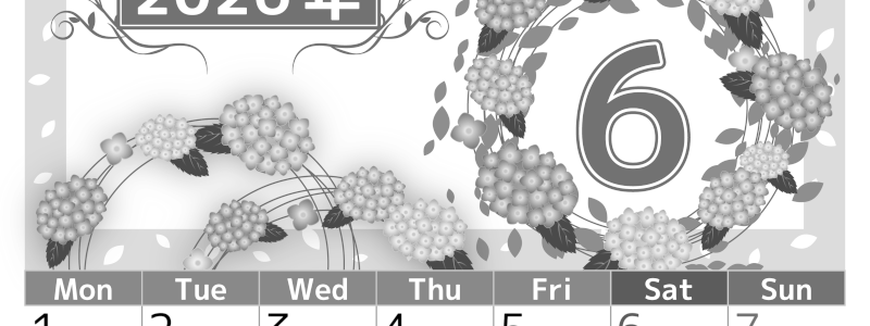 2026年6月縦型モノクロの月曜始まり 紫陽花イラストのおしゃれA4無料白黒カレンダー(2026-00500611)