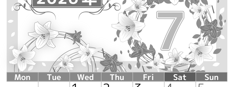 2026年7月縦型モノクロの月曜始まり 百合イラストのおしゃれA4無料白黒カレンダー(2026-00500711)