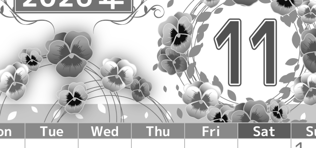 2026年11月縦型モノクロの月曜始まり パンジーイラストのおしゃれA4無料白黒カレンダー(2026-00501111)