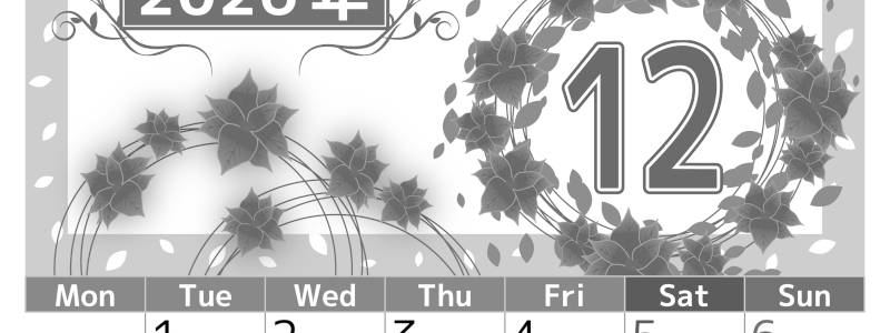 2026年12月縦型モノクロの月曜始まり ポインセチアイラストのおしゃれA4無料白黒カレンダー(2026-00501211)