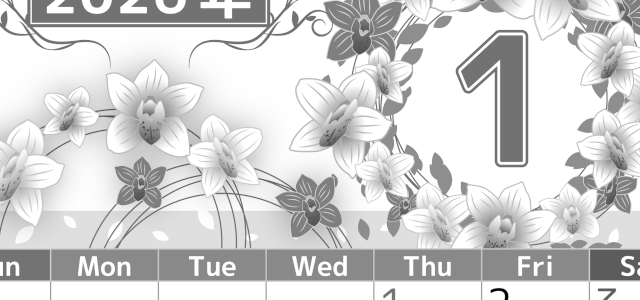 2026年1月縦型モノクロの日曜始まり イラストのおしゃれA4無料白黒カレンダー(2026-00500110)