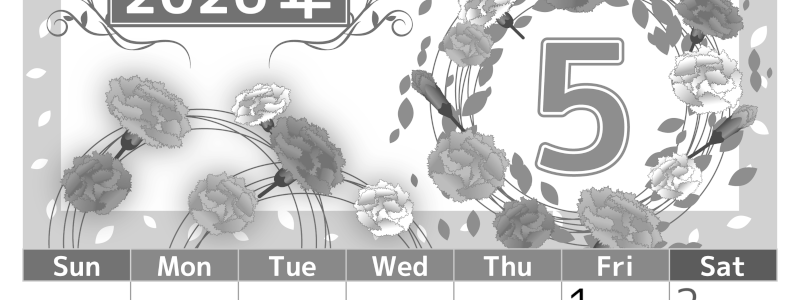 2026年5月縦型モノクロの日曜始まり カーネーションイラストのおしゃれA4無料白黒カレンダー(2026-00500510)