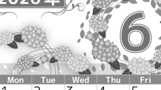 2026年6月縦型モノクロの日曜始まり 紫陽花イラストのおしゃれA4無料白黒カレンダー(2026-00500610)