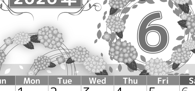 2026年6月縦型モノクロの日曜始まり 紫陽花イラストのおしゃれA4無料白黒カレンダー(2026-00500610)