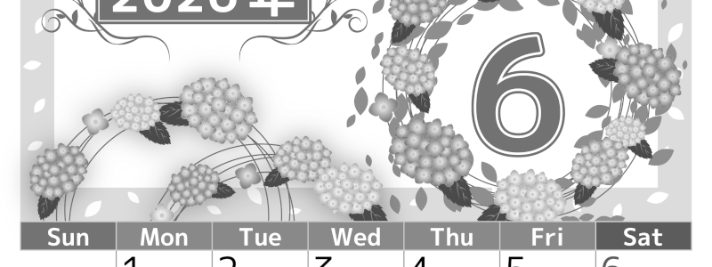 2026年6月縦型モノクロの日曜始まり 紫陽花イラストのおしゃれA4無料白黒カレンダー(2026-00500610)