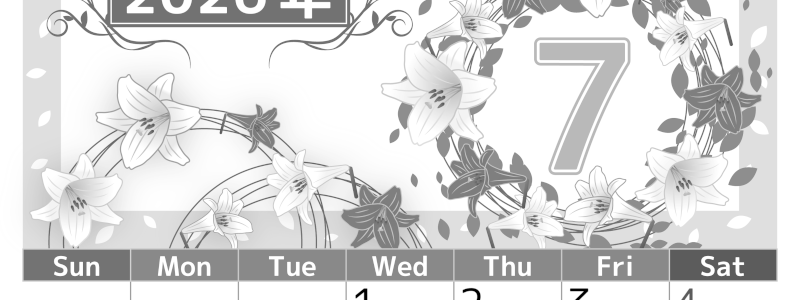 2026年7月縦型モノクロの日曜始まり 百合イラストのおしゃれA4無料白黒カレンダー(2026-00500710)