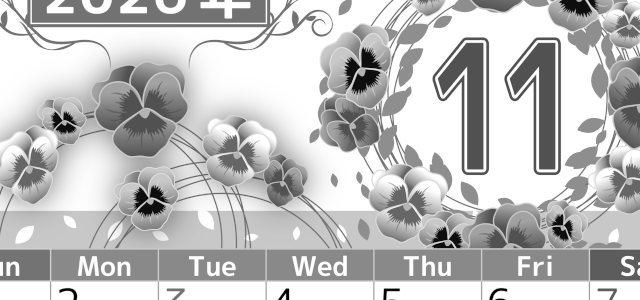 2026年11月縦型モノクロの日曜始まり パンジーイラストのおしゃれA4無料白黒カレンダー(2026-00501110)