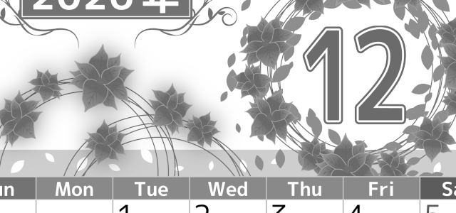 2026年12月縦型モノクロの日曜始まり ポインセチアイラストのおしゃれA4無料白黒カレンダー(2026-00501210)