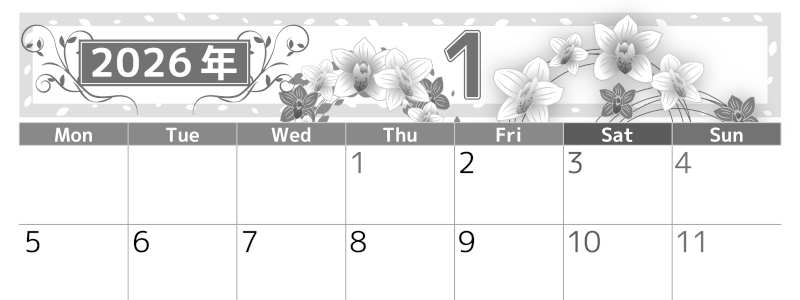 2026年1月横型モノクロの月曜始まり イラストのおしゃれA4無料白黒カレンダー(2026-00500101)