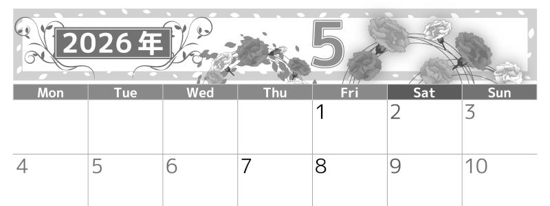 2026年5月横型モノクロの月曜始まり カーネーションイラストのおしゃれA4無料白黒カレンダー(2026-00500501)