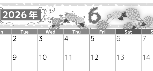 2026年6月横型モノクロの月曜始まり 紫陽花イラストのおしゃれA4無料白黒カレンダー(2026-00500601)