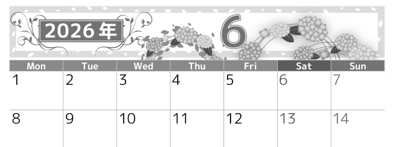 2026年6月横型モノクロの月曜始まり 紫陽花イラストのおしゃれA4無料白黒カレンダー(2026-00500601)