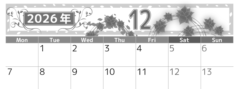 2026年12月横型モノクロの月曜始まり ポインセチアイラストのおしゃれA4無料白黒カレンダー(2026-00501201)