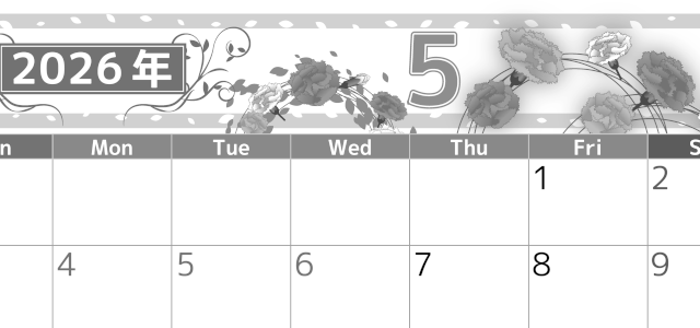 2026年5月横型モノクロの日曜始まり カーネーションイラストのおしゃれA4無料白黒カレンダー(2026-00500500)