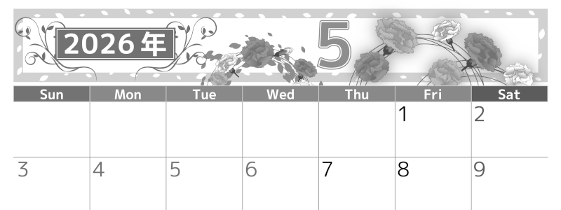 2026年5月横型モノクロの日曜始まり カーネーションイラストのおしゃれA4無料白黒カレンダー(2026-00500500)