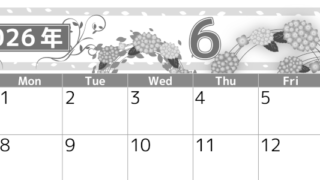 2026年6月横型モノクロの日曜始まり 紫陽花イラストのおしゃれA4無料白黒カレンダー(2026-00500600)