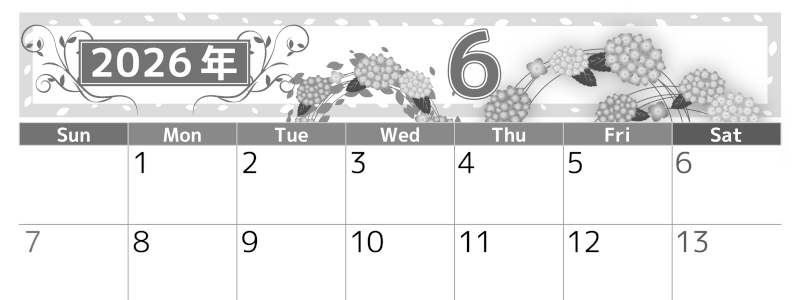 2026年6月横型モノクロの日曜始まり 紫陽花イラストのおしゃれA4無料白黒カレンダー(2026-00500600)