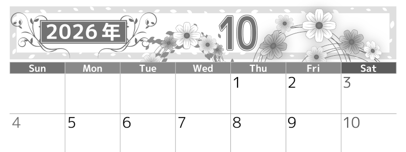 2026年10月横型モノクロの日曜始まり コスモスイラストのおしゃれA4無料白黒カレンダー(2026-00501000)