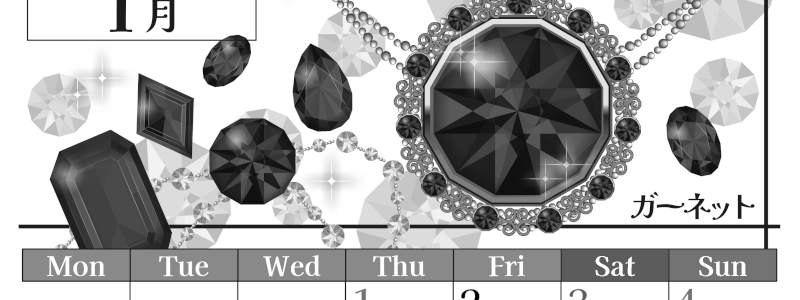 2026年1月縦型モノクロの月曜始まり 誕生石イラストのおしゃれA4無料白黒カレンダー(2026-00510111)