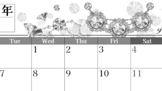 2026年4月横型モノクロの月曜始まり 誕生石イラストのおしゃれA4無料白黒カレンダー(2026-00510401)