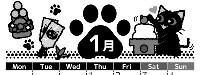 2026年1月縦型モノクロの月曜始まり イラストのかわいいA4無料白黒カレンダー(2026-00520111)