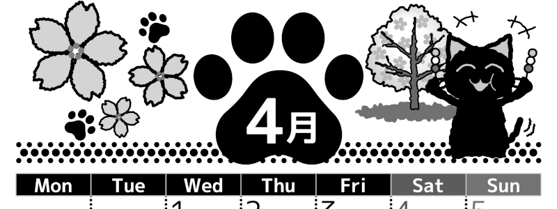 2026年4月縦型モノクロの月曜始まり 猫イラストのかわいいA4無料白黒カレンダー(2026-00520411)